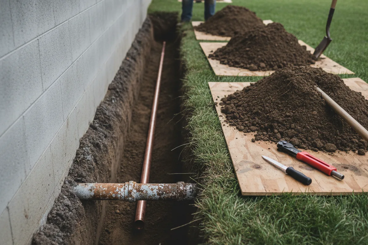 Excavated water line trench during Sewer Line Repair in Mount Airy